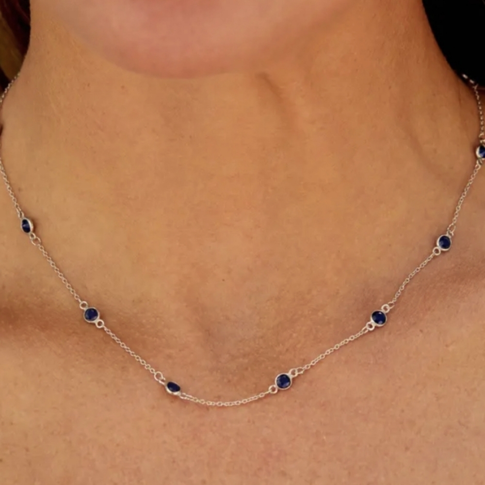 $450 SAVVY CIE Silver Sapphire Station Elegant Necklace New